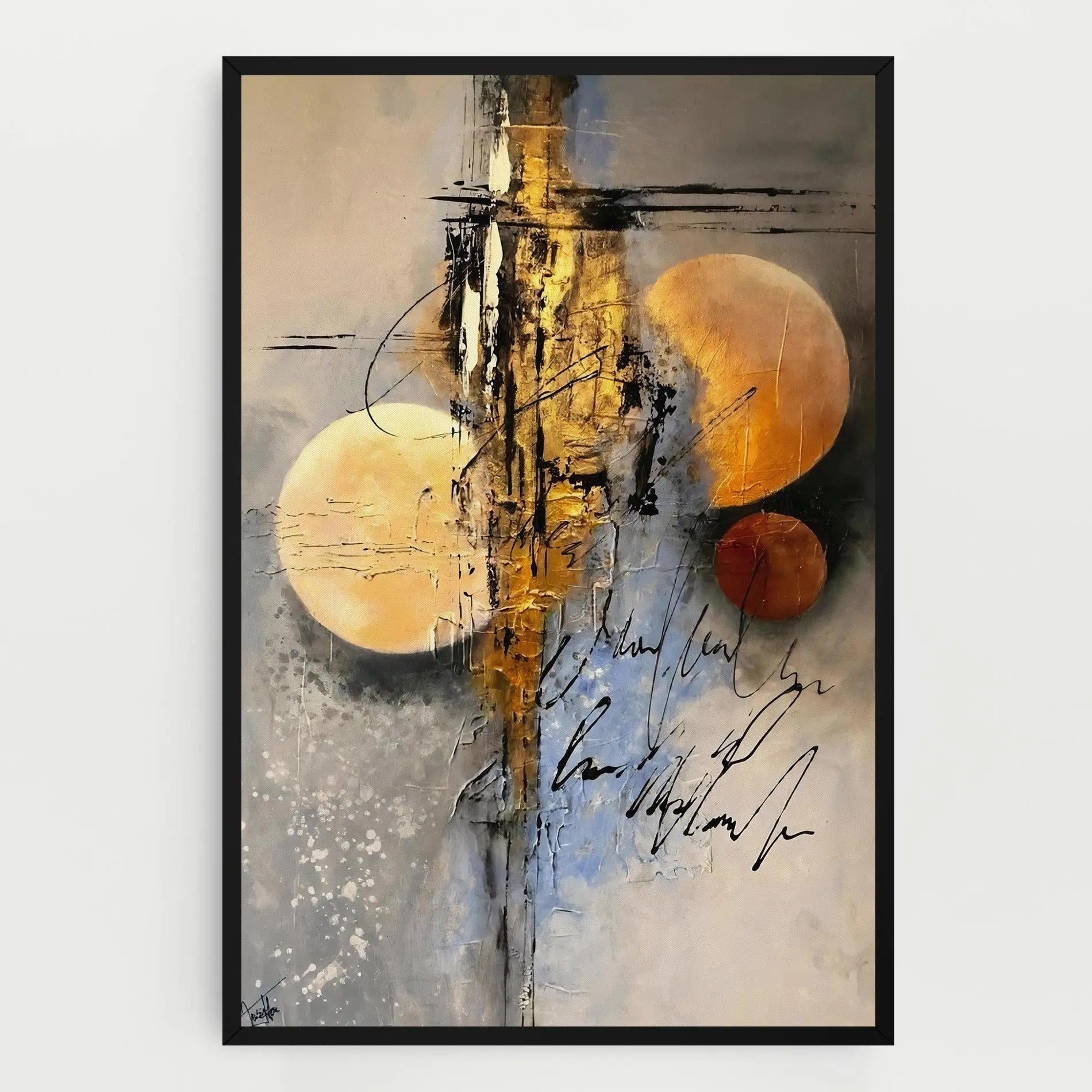 Pictura abstracta cu cercuri aurii si negre, tablou canvas pentru perete